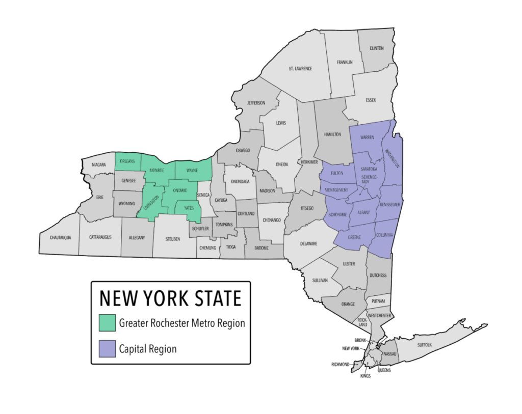 Figure 1 image description: New York State with the Rochester region highlighted in green and
the Capital region highlighted in purple. Highlighted areas are the counties included in the study.